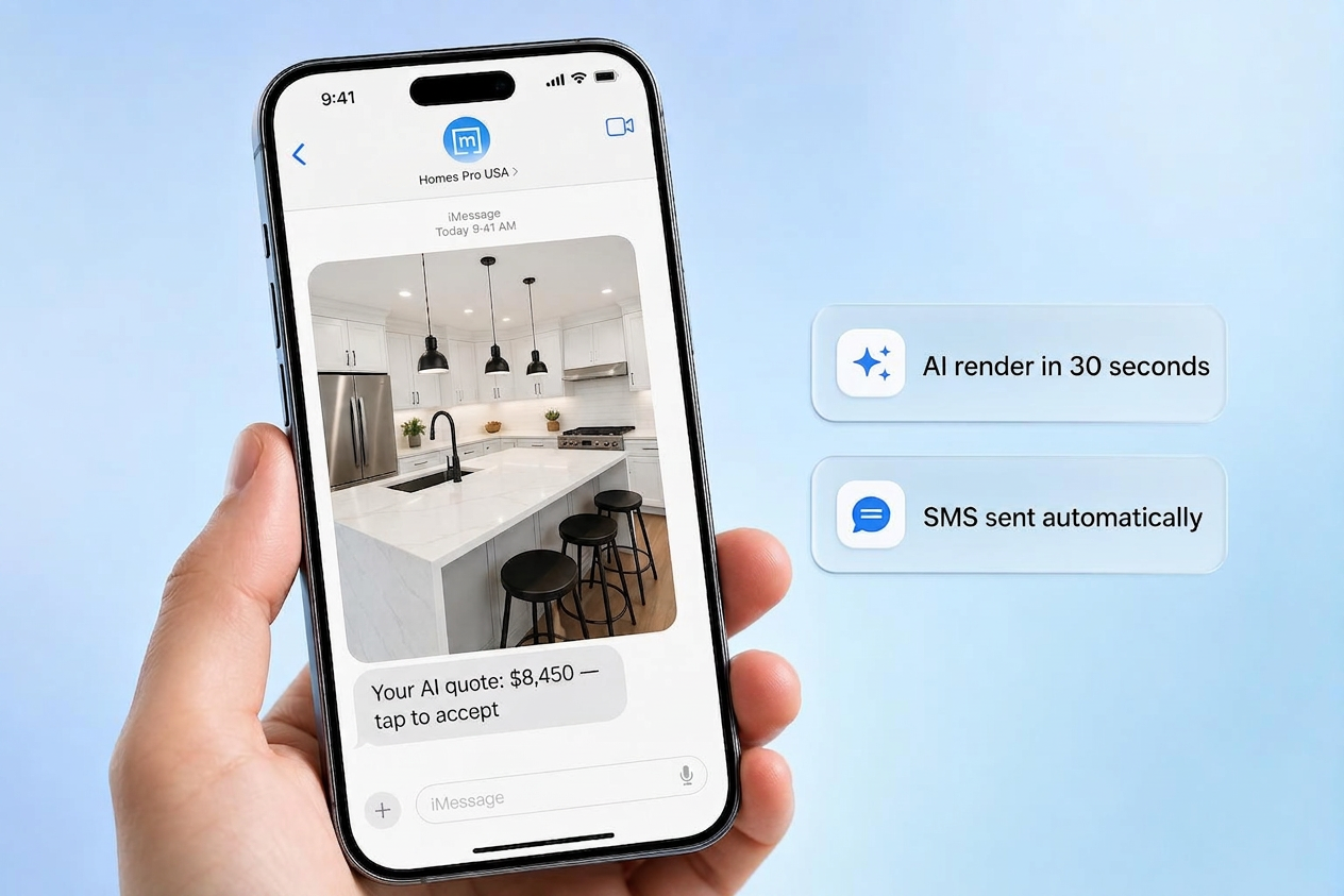 Phone showing an AI-rendered kitchen and an SMS quote